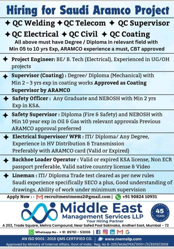 Safety Officer And Safety Supervisor Hiring For Saudi Aramco Project